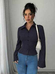 Blusa aderente a costine di un unico colido, con maniche a sbuffo, stile di moda Y2K, adatta per primavera estate autunno, casual, vacanze e uso quotidiano/pendolare
