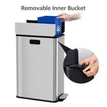 56L/14.8Gal Step-On Kitchen Trash Can With Butterfly Lid,2 * 7.4Gal Dual Compartments Garbage Can With Wing Lid,Slim Pedal Stainless Steel Trash Bin With Removable Buckets - 56L/14.8Gal - 查看 4