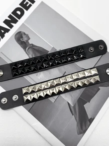 Studded Bracelet PU Leather Punk Bracelet For Men Women, 80s Wristband Goth Punk Rock Bracelet, Black/Silvery Punk Rock Style Two Rows Square Studs Faux Leather Bracelet Cuff Bangle Unisex Bracelets For Party Favors Accessories & Gift Halloween