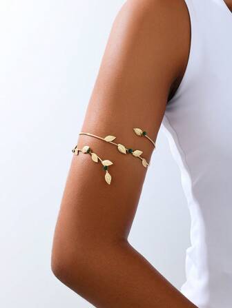 1pc Stylish And Unique Design Leaf Wrapped Faux Pearl Embellishment Arm Cuff Bracelet, Suitable For Vacation, Beach, Party, Couples, Girlfriend, Mom, Family Gathering, Fashionable Women Accessory