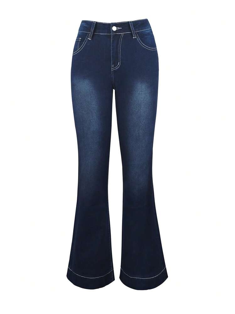 Jeans Flare Casual de Cintura Baixa Streetwear Y2K Feminino, De Volta às Aulas, Outono - Azul - Visão 7