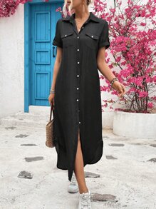 Spring And Summer Women's Solid Short Sleeve Black And Orange Modest Elegant Simple Long Midi Dress,Lapel And Button-Down Shirt Dress,Beach Set,Valentine's Day/Birthday Gift,Commuter/Party/At Home Outfits - màu đen - Xem 1