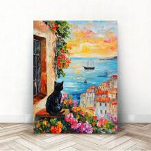 Pictură în acuarelă cu peisaj de coastă cu casă portocalie, pisică neagră, plante florale, imprimare afiș de artă cu pisică neagră privind apusul de soare, vedere la mare, pictură în ulei în stil impresionist fără încadrare, decorațiuni interioare, artă de perete - Multicolor - Vizualizare 6