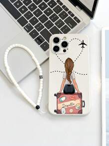 1 pieza Funda de teléfono a prueba de golpes con patrón de viaje de TPU blanco y 1 pieza Correa de muñeca con cuentas blancas, Versión internacional, no la versión nacional - Multicolor - Ver 1