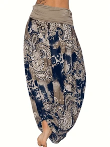Fox Claw Plus Size Women's Loose Bohemian Style Contrasting Print Mid Waist Wide Leg Haren Pants - 卡其色 - 查看 3