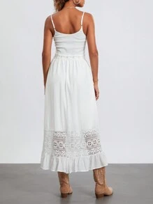 Women Sling Dress, Spaghetti Straps Button Closure Lace Patchwork Hollowed Summer Long Dress
