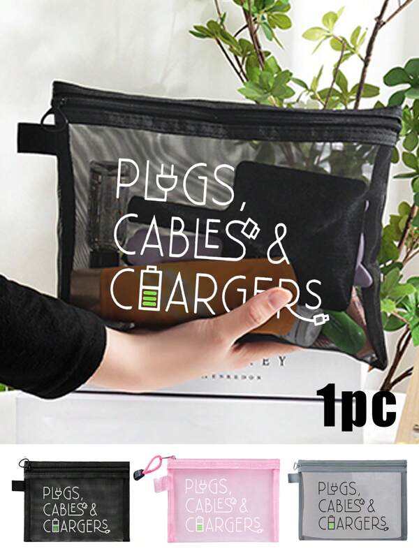 Bolsa de cosméticos de malla con patrón de cable de datos, diseño de patrón de letra de cargador, bolsa de almacenamiento portátil con cojín de aire rojo, bolsa de maquillaje, bolsa de productos de cuidado de la piel, artículos esenciales de viaje, artículos para dormitorio, regalos para la novia de la boda, regalos para la madre, regalos de cumpleaños, regalos para amigos y maestros, almacenamiento de baño, almacenamiento de joyas, bolsa de almacenamiento de aceite labial y cosméticos