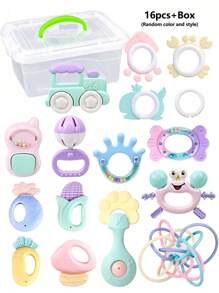16pcs/Set Baby Rattle Toys Set, Teething Manhattan Ball, Chewable, Washable, Teething Rings, Newborn Birthday Gift For Boys And Girls (Packaging Box, Pattern, Accessories And Color Will Be Random)