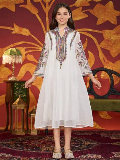 Tween Mädchen Übergangsalter lange Robe mit Stickerei, Dubai/Türkei Luxus Abendkleid A-Linie Kleid