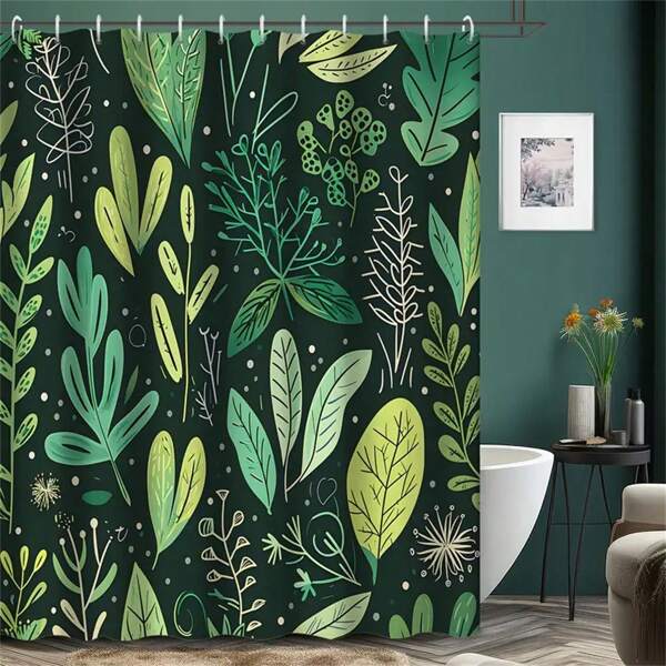 Tropical Leaf Print Waterproof Shower Curtain With Hooks - Fresh Green Botanical Design, Machine Washable Polyester Bathroom Decor, Hotel & Apartment, Wall Decor Bathroom Accessories Back To School
