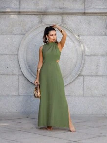 Women's Long Tailored Dress, High Neck, Side Slit, Side Opening Detail, Comfortable, With Pockets, Elegant
