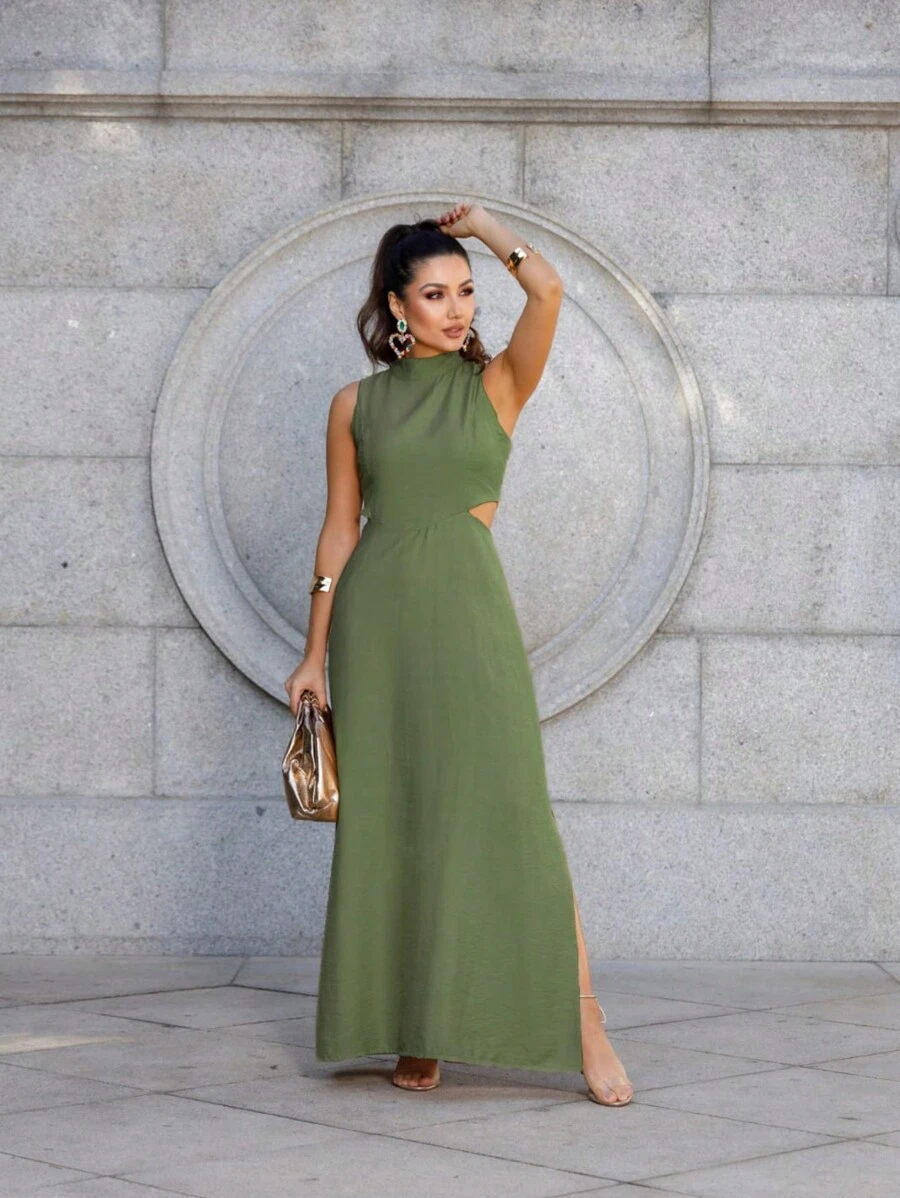 Women's Long Tailored Dress, High Neck, Side Slit, Side Opening Detail, Comfortable, With Pockets, Elegant