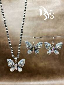 1 Set Vintage Western/Country Style Beaded CCB/Chain/Butterfly Pendant Necklace & Butterfly Drop Earrings, Suitable For Women/Girls To Accessorize Casual Outfits, Parties, Jewelry Gift For Family/Friends/Yourself