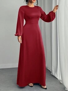 Women's Solid Color Elegant Lantern Sleeve Modest A-Line Long Dress - Burgundy - View 4