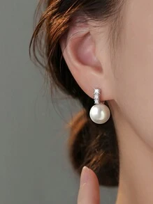 1 对女士 925 纯银珠宝人造珍珠耳环，带水钻，奢华复古人造珍珠设计耳钉，派对和生日礼物