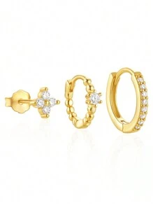 Un conjunto de elegantes pendientes tipo flor de 4 hojas con zirconia, joyería de plata de ley 925 exquisita y creativa, regalos de joyería fina para mujeres, niñas, decoración para la vida diaria, citas, fiesta de graduación y talla grande