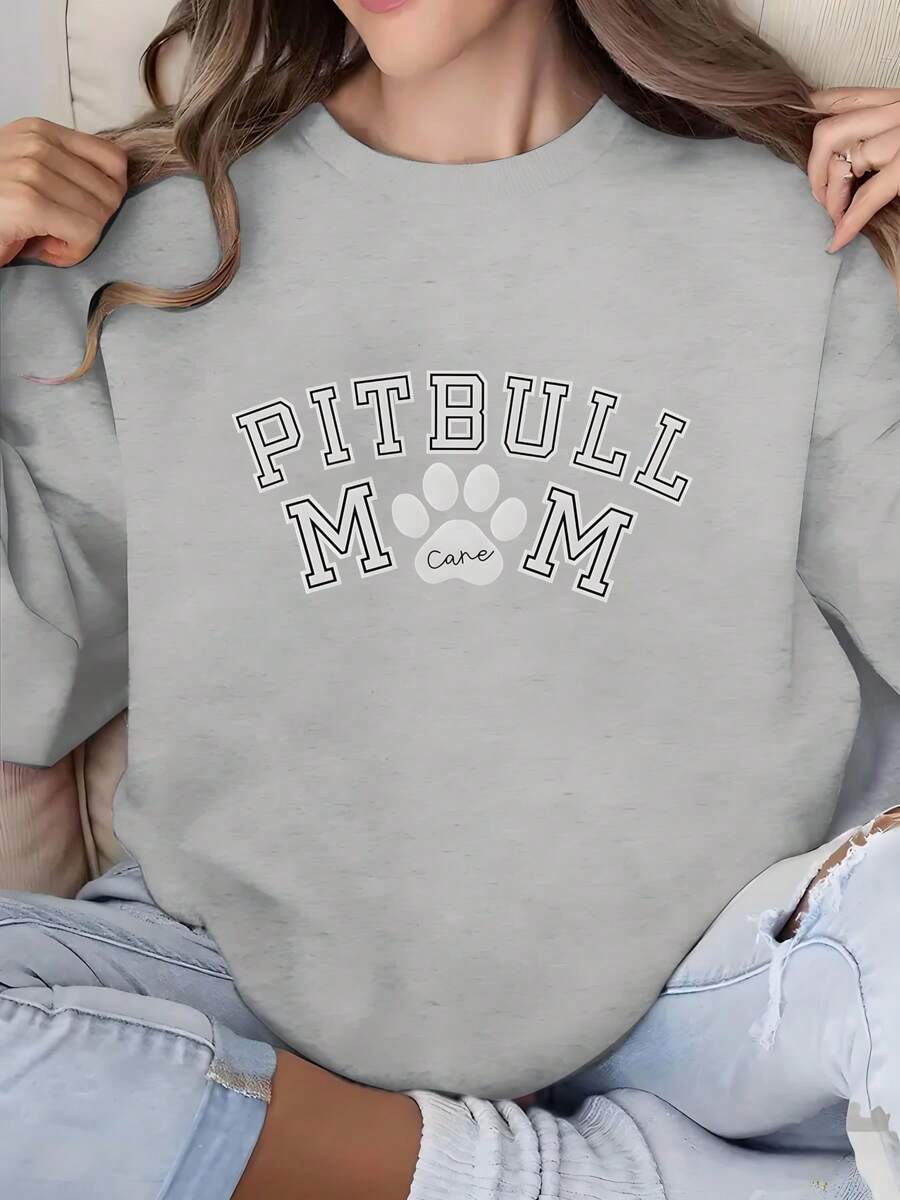 Women'S Casual Crew Neck Sweatshirt With P Itbullmm Print, All-Season Comfort, Fashion Top - 灰色 - 查看 1