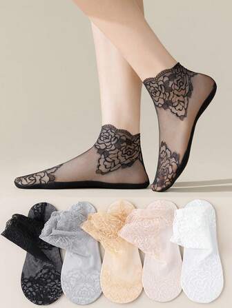 5 双女士夏季蕾丝透明踝袜，百搭隐形袜（不含卡）