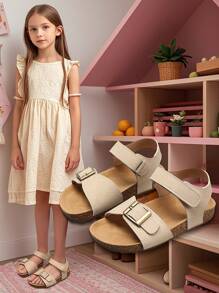 1 双女童纯色软木厚底凉鞋，可爱纯色，舒适厚底，儿童时尚多功能防滑休闲沙滩度假凉鞋，适合夏季外出。 - 米色 - 查看 3