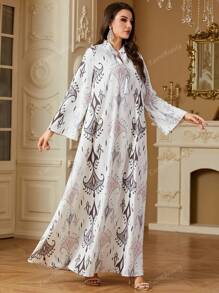 Women's Elegant Floral Print V-Neck Long Casual Arabian Dress, Spring/Summer