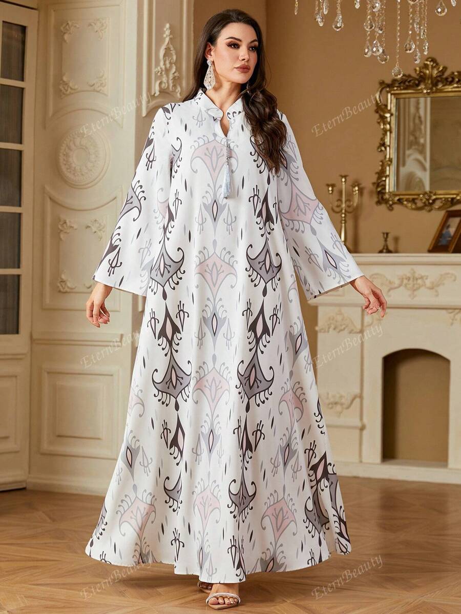 Women's Elegant Floral Print V-Neck Long Casual Arabian Dress, Spring/Summer