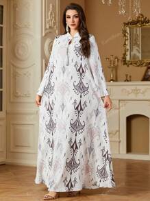 Women's Elegant Floral Print V-Neck Long Casual Arabian Dress, Spring/Summer