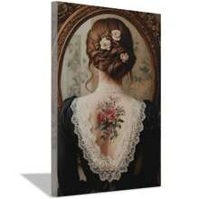 Tattoo Art On Canvas Victorian Women Art Prints Female Portrait Wall Art Classical Women Picture Lady Portrait Girl Back Wall Art Dark Academia Room Decor, Framed And Ready To Hang. (30x45cm)12x18inch Framed
