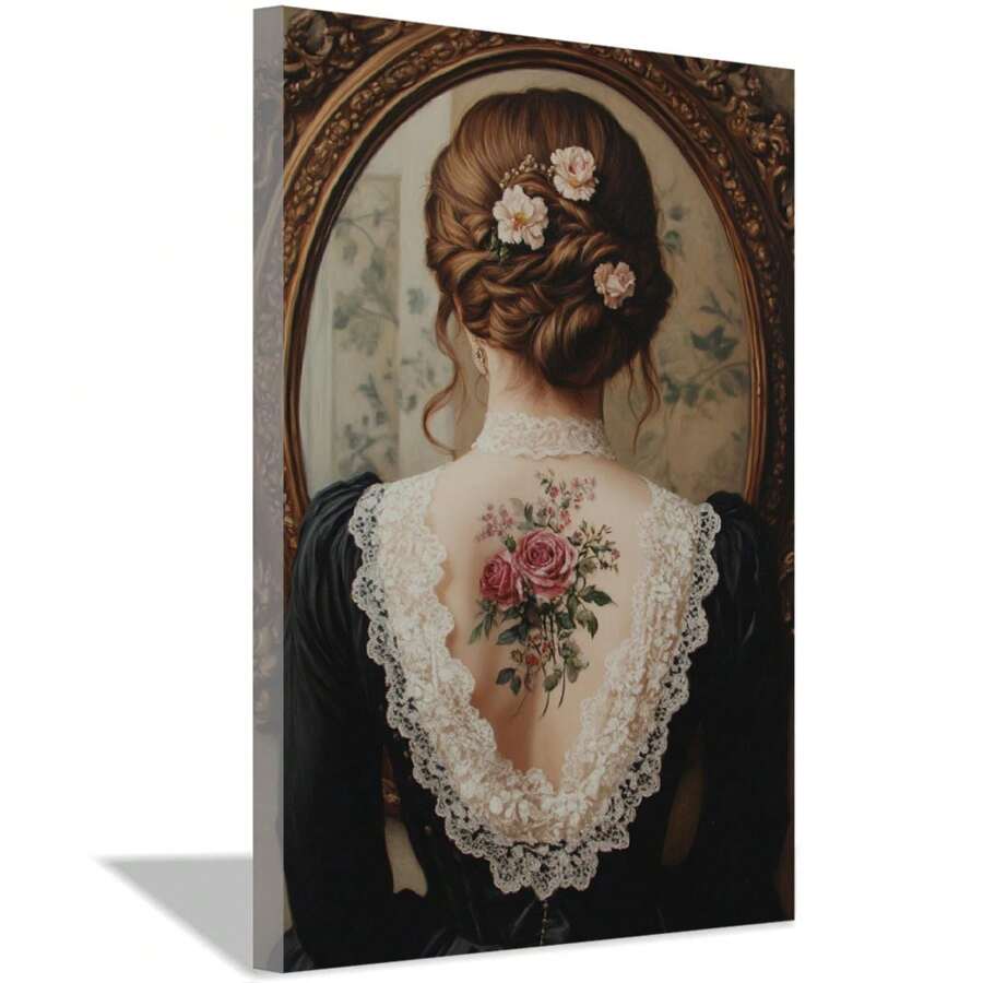 Tattoo Art On Canvas Victorian Women Art Prints Female Portrait Wall Art Classical Women Picture Lady Portrait Girl Back Wall Art Dark Academia Room Decor, Framed And Ready To Hang. (30x45cm)12x18inch Framed