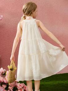 ASK JUNIOR 女童连衣裙，2025 花卉无袖中长款 A 字型甜美公主裙，夏季 - 米色 - 查看 4