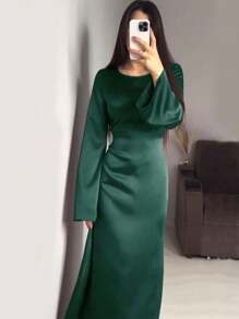 Women's Round Neck Flare Sleeve Tied Waist Elegant Style Arabian Dress,Modest - Green - View 3