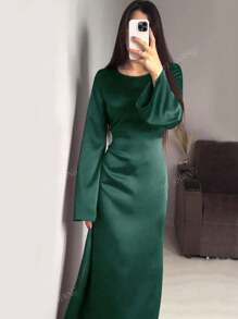 Women's Round Neck Flare Sleeve Tied Waist Elegant Style Arabian Dress,Modest