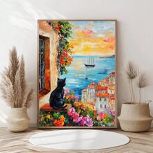 Pictură în acuarelă cu peisaj de coastă cu casă portocalie, pisică neagră, plante florale, imprimare afiș de artă cu pisică neagră privind apusul de soare, vedere la mare, pictură în ulei în stil impresionist fără încadrare, decorațiuni interioare, artă de perete - Multicolor - Vizualizare 7