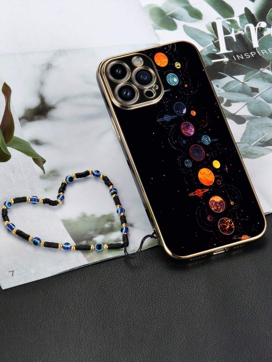 1个黑色TPU镀层精美星球图案防摔手机壳和1条黑色串珠手机挂绳，兼容/配套手机壳/带挂绳手机壳/腕带手机壳/趣味手机壳/安卓手机壳/手机壳/手机壳/兼容OPPO手机壳/兼容 16 Pro Max手机壳/兼容 16 Pro Max，国际版，非国内版 - 彩色 - 查看 1