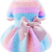 Rochie pentru câini pentru câini de talie mică, iarnă, cățeluș, pisică, pulover haine, caldă, fleece, rochie pentru animale de companie, dungi curcubeu, pluș, prințesă, fustă cu fundă