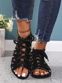 Women's Fashion Multi-Design Sandals With Zipper, Drawstring, Hollow-Out, Round Toe, Open Toe, Flat, Strap, Outdoor, Comfortable, Plus Size, Breathable Casual Sandals For Summer And Spring