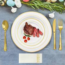175Pcs Disposable Gold Dinnerware Set Gold Rim Plastic Plates Cups Fork Spoon Knife Paper Napkins For Party Wedding Graduation