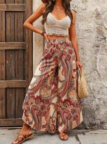 Plus Size Paisley Print Wide Leg Pants, Vintage Loose Trousers For Women, Spring/Summer Vacation - Color - View 4