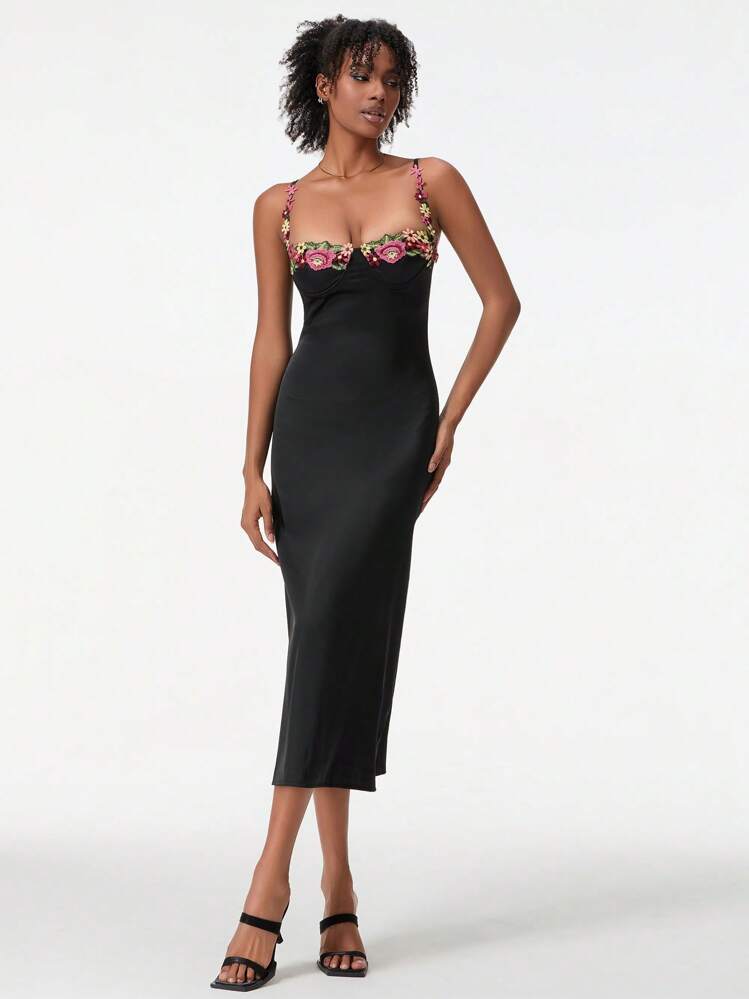 black spaghetti strap bodycon midi dress Women Sexy Satin Floral Embroidered Long Sweetheart Neck Backless Sleeveless Slim Sling Dress adding sleeves to spaghetti strap dress