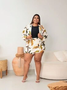 Plus Size 2-Piece Shorts And Kimono Set - White Printed - View 2