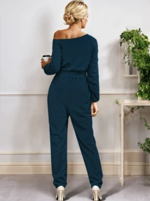 Women's Casual Long Sleeve Off Shoulder Wide Leg Jumpsuit With Adjustable Belt - Azul Petróleo - 查看 3