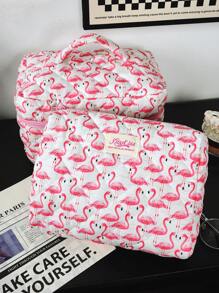 1pc Pink Flamingos Quilting Makeup Bag .Valentine's Day, Love/Lover, Heart, XoX0/Kiss White Travel Make Up Bag,Multifunctiona Cosmetic Bag Bathroom Wash Bag,Jewelry Storage Bag,Perfume Skincare Storage Bag,Brush Bag,Sanitary Napkin Bag,Headphone Bag,Coin Purse,Glasses Bag,Suitable For Home,Travel, School, And Work.Suitable For Women,And Students.Holiday Gifts Birthday Gifts Christmas Gifts Mom's Gift Souvenir - Pink - View 3