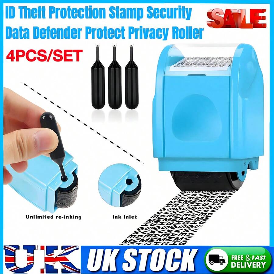 4Pcs ID Theft Protection Stamp Security Data Defender Protect Privacy Roller Set - Blue - View 1