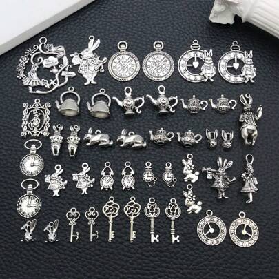 44/45pcs Random Mix Alice In Wonderland Fairy Charms Collection Alloy Rabbit Watch Teapot Pendants- Antique Alice Rabbit Steampunk Skeleton Keys Pendants Jewelry Findings