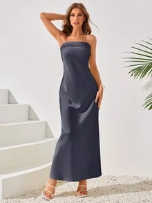 LOVE&LEMONADE Women Solid Color Simple Everyday Strapless Dress, Party Dress, Wedding Guest Cocktail Dress - Dark Grey - View 2