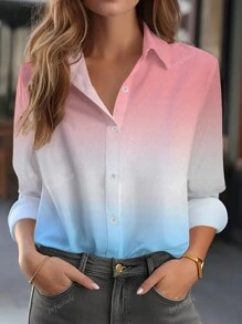 Women's Ombre Color Casual Long Sleeve Loose Soft Collar Blouse