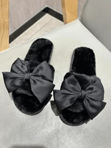 女士优雅天鹅绒蝴蝶结平底毛绒露趾拖鞋，粉色和黑色，优质 TPR 防滑耐用鞋底，适合情人节、派对和居家使用 - 黑色 - 查看 5