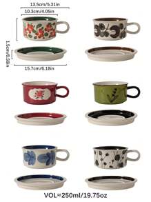 DearDali 复古手绘陶瓷咖啡杯碟套装，创意花卉图案马克杯，适用于咖啡馆、拿铁、卡布奇诺、摩卡、热巧克力，是办公室水杯的理想选择，是咖啡爱好者的礼物，是乔迁结婚礼物（1 套，250 毫升）