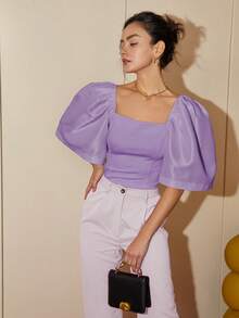 现代菲律宾女装春夏休闲纯色泡泡袖方领衬衫，女士夏季短款上衣，女士商务休闲装 Terno