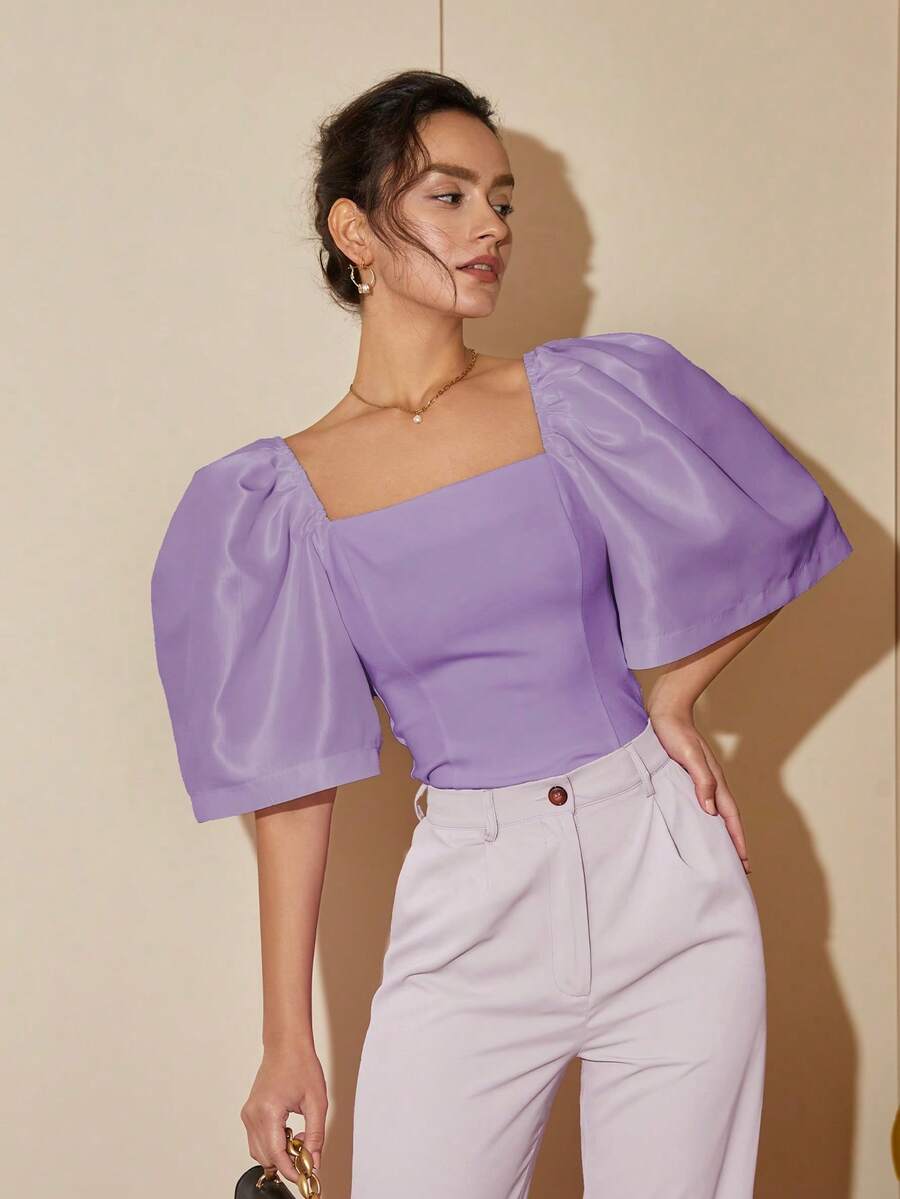 现代菲律宾女装春夏休闲纯色泡泡袖方领衬衫，女士夏季短款上衣，女士商务休闲装 Terno