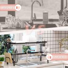 HOMCOM Large Dish Drainer Rack Over The Sink, 2 Tier Dish Rack For Kitchen Counter, Space Saving Dish Drying Rack, Black - Black - View 7